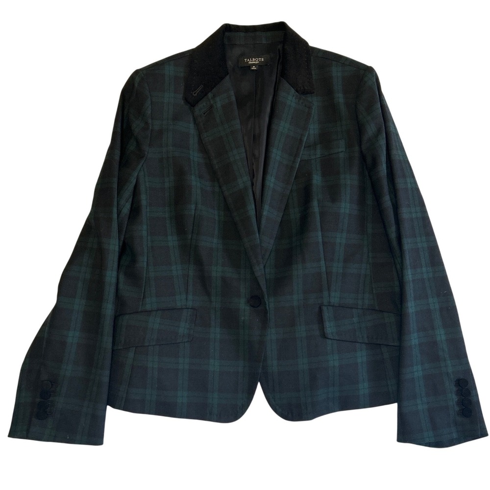 Talbots Womens Black Watch Plaid Wool Blend Blazer Velvet Collar Green Navy 16